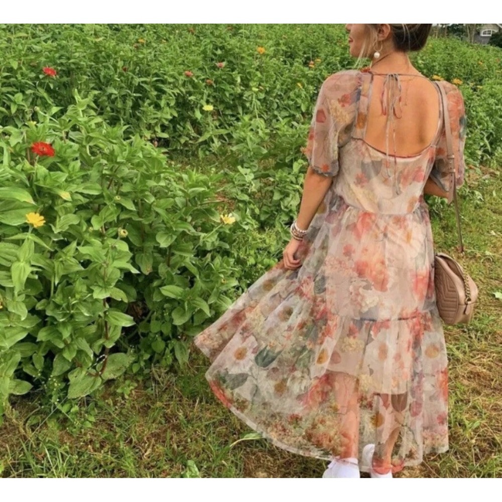 H&M sz M Sheer Floral Puff Sleeve Tiered Tulle Midi Maxi Dress Whimsical Fairy - Picture 6 of 14